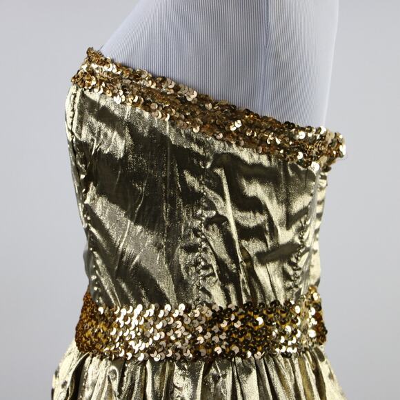 1980s XS Metallic Gold Strapless Gunne Sax Dress with Gold Sequin Belt - Picture 5 of 9